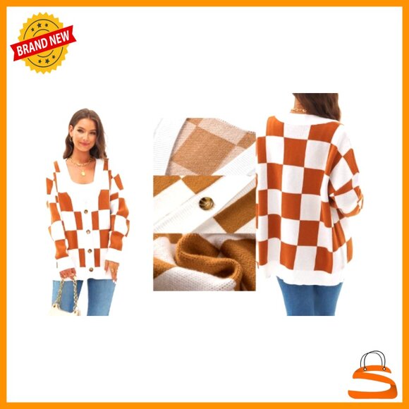 Oversized Cable Knit Cardigan Plaid V Neck Button Down Long Sleeve Chic - Picture 7 of 7